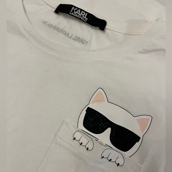 New Karl Lagerfeld Black Embellished Cat Print T-shirt Rolled Sleeve S - Picture 4 of 4